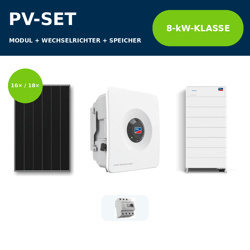 Aiko Neostar 3P+ 490 Wp PV-Anlage mit SMA Sunny Tripower Hybrid X 8 kW und SMA Storage M – 8-kW-Klasse