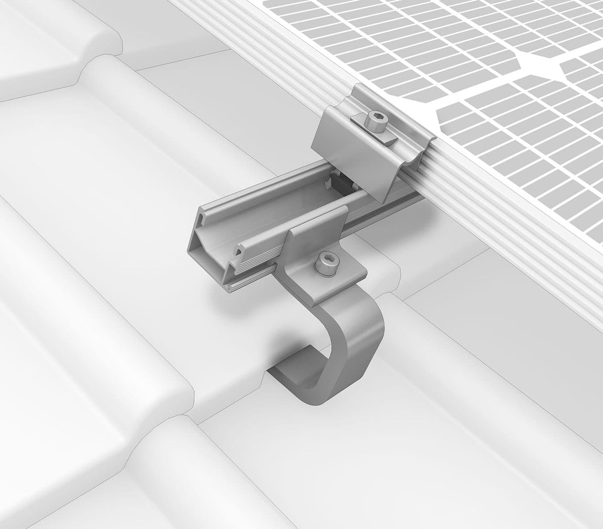 Dachhaken und Montageschienen eines PV-Montagesystems auf einem Schrägdach